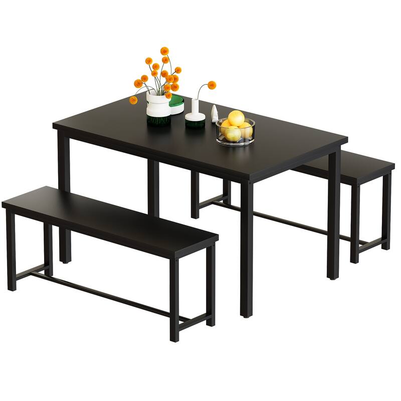 Dining Table Set with Two Benches, Kitchen Table Set for 4 Persons