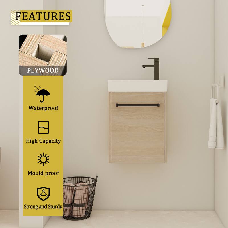 16" Wall-Mounted Bathroom Vanity with Carrara White Ceramic Sink, Soft-Close Doors, and Ample Storage