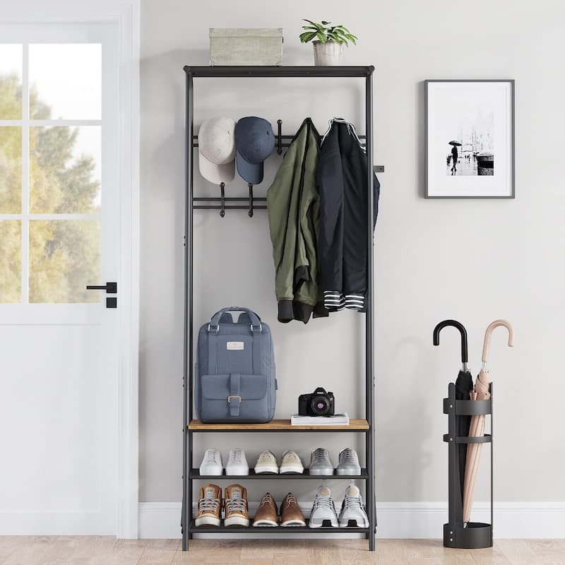 Hall Tree With Shoe Storage Bench, 4-In-1, Steel Frame With 10 Hooks for Entryway, Freestanding Coat Rack Stand