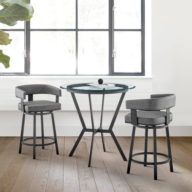 Naomi and Lorin Counter Height Dining Set in Grey Faux Leather - 3-Piece Sets - Grey & Black