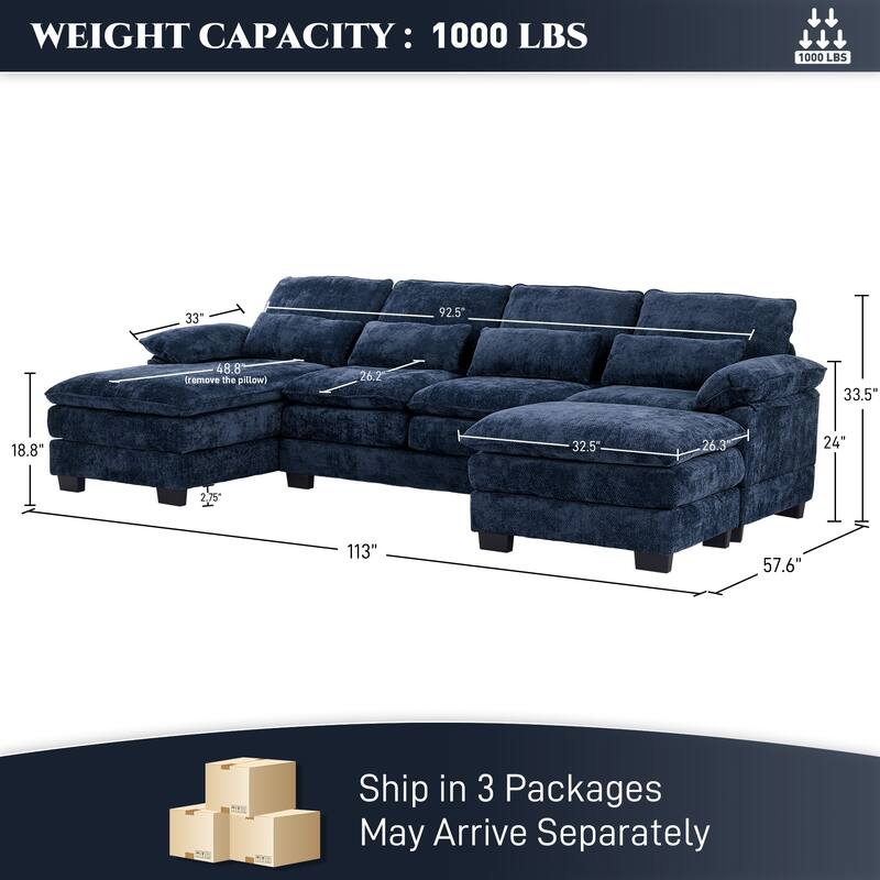 Ouyessir Soft Chenille Fabric U-shaped Sectional Sofa Set with Doudle Layer Cushion