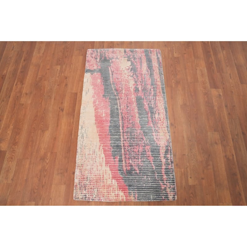 Hand Knotted Oriental Viscose Silk Carpet Modern All-Over Pink Abstract Area Rug - 4' 0'' X 2' 0''