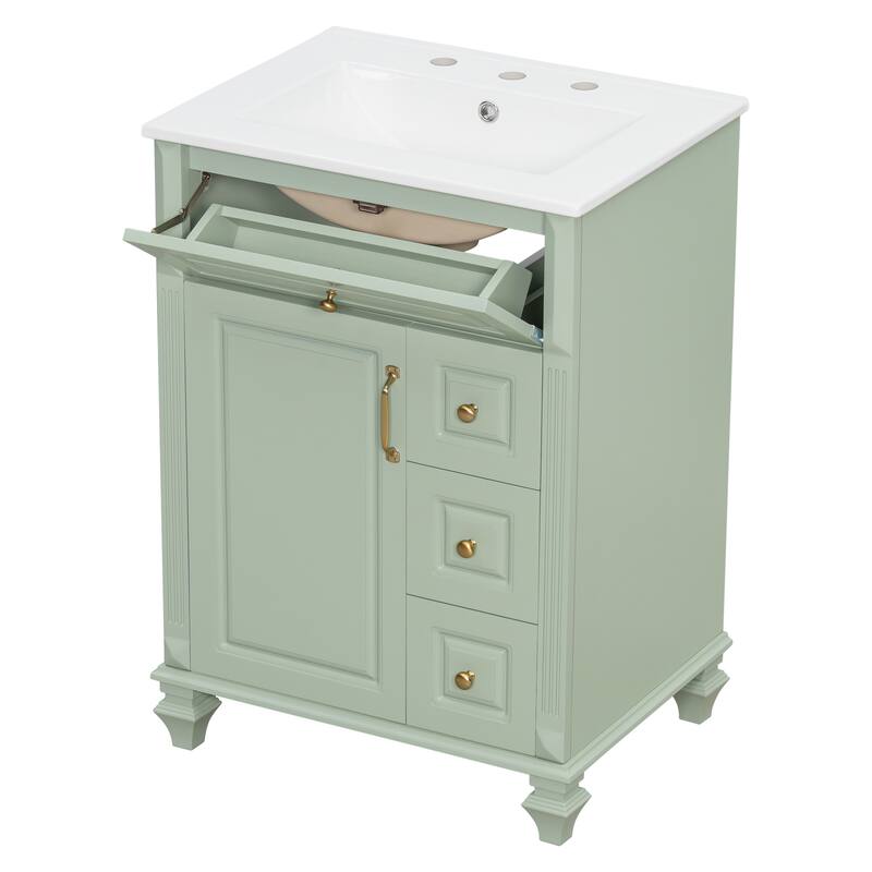 24" Freestanding Bathroom Vanity with Ceramic Sink, Flip-Out Drawer & 3-Drawer Cabinet, Solid Wood & MDF