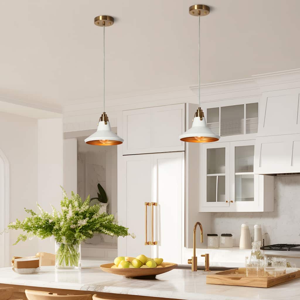 1-Light Modern Elegant White Gold Metal Kitchen Island Light Height-Adjustable Pendant Light for Dining Room - D8.7" x H7.1"
