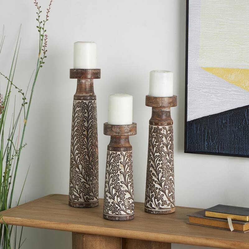 Mango Wood Floral Handmade Carved Pillar Candle Holder with Cream Accents - Set of 3 Brown - Roche River Decor