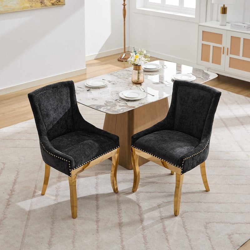 Chenille Dining Chairs, Modern Upholstered Accent Chair with Curved Gold-Plated Legs & Rivet Trim, Plush Fabric, Set of 2