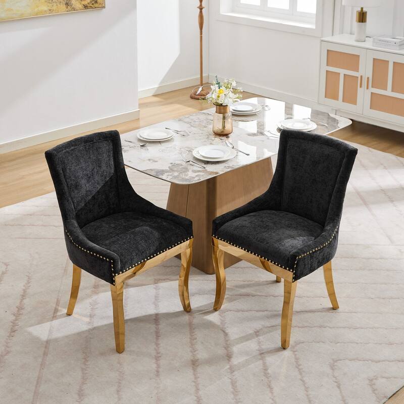 Roomfitters Chenille Dining Chairs Set of 2, Modern Upholstered Accent Chairs with Gold-Plated Legs and Rivet Trim - Black
