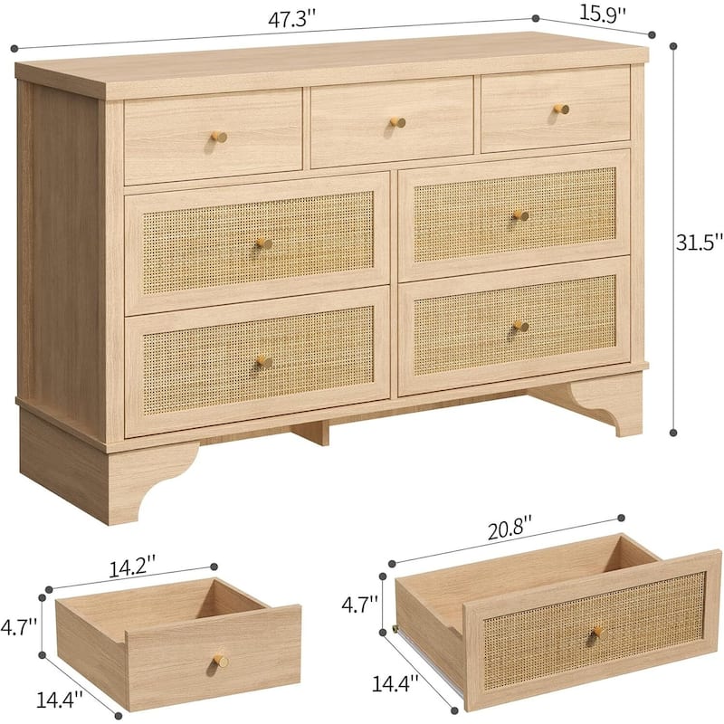 47.3" Wide Rattan 7 Drawer Dresser Storage Organizer for Bedroom