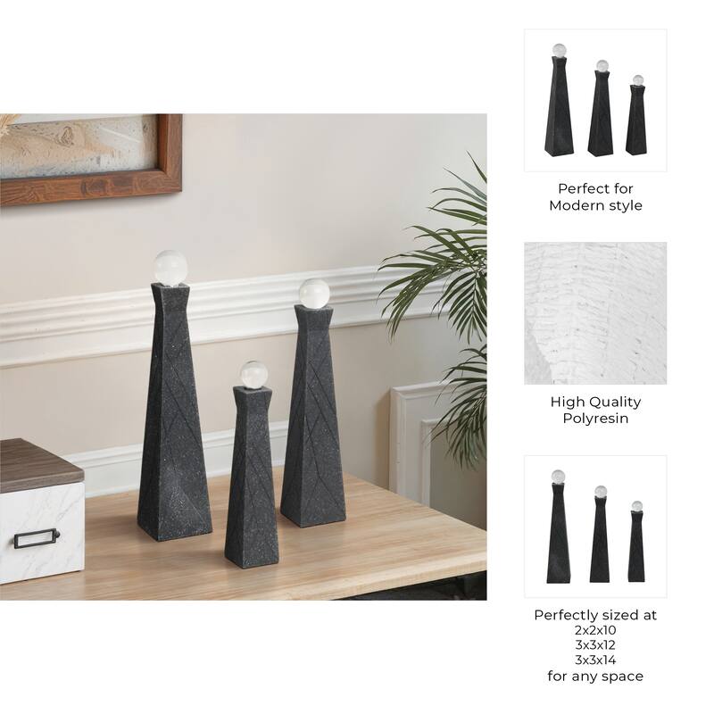 Resin Glass Obelisk Decorative Objects (Set of 3) - 14/12/10" Black - 3" x 3" x 14"