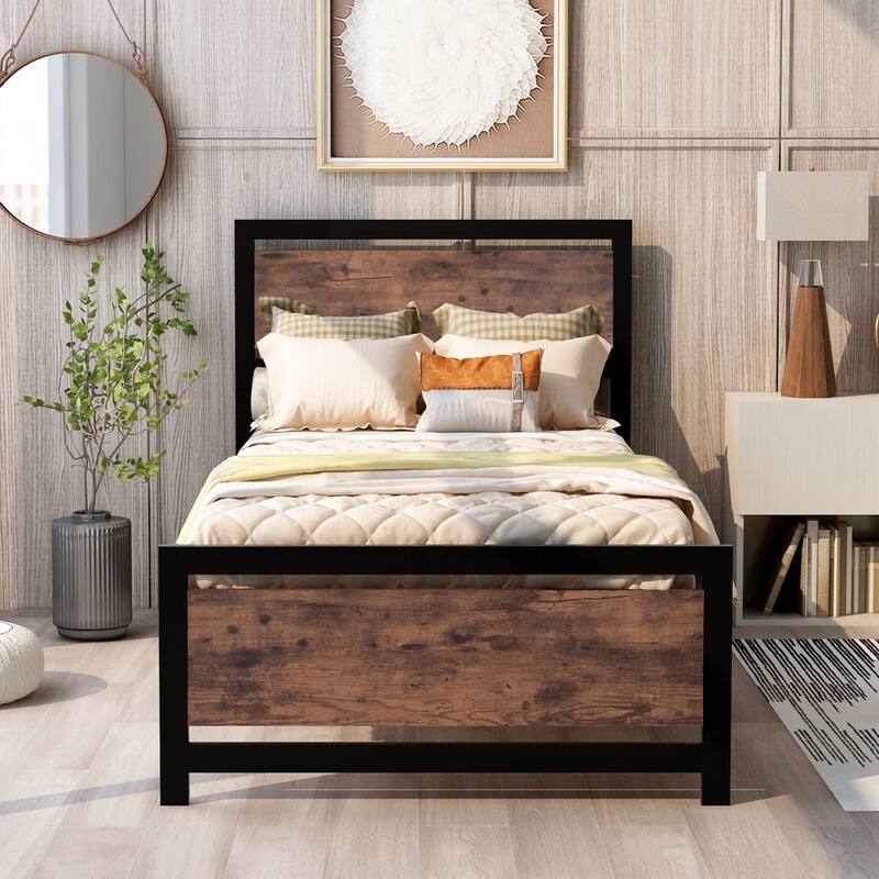 Metal and Wood Bed Frame Platform Bed