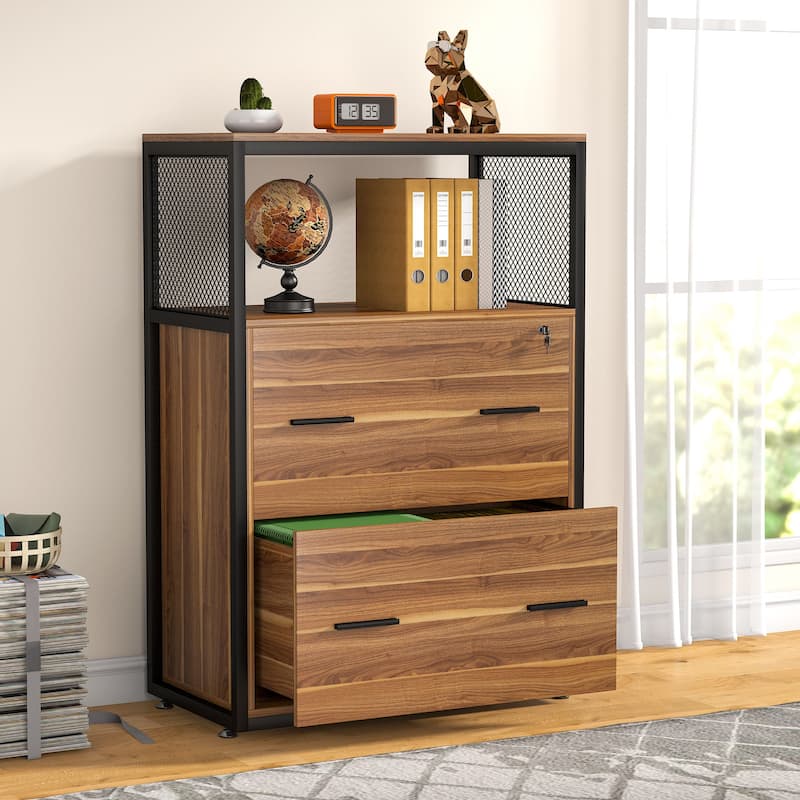 2-Drawer Lateral File Cabinets Legal Size, Large Filing Cabinet with Lock, Printer Stand - Brown.