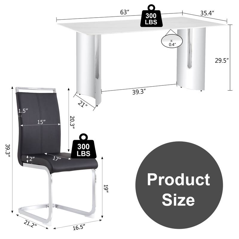 Modern Marble Glass Dining Set with Stainless Steel Legs & PU Chairs