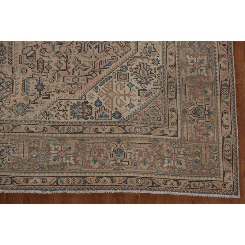 Geometric Tabriz Distressed Persian Vintage Rug Handmade Wool Carpet - 7'10" x 10'9"