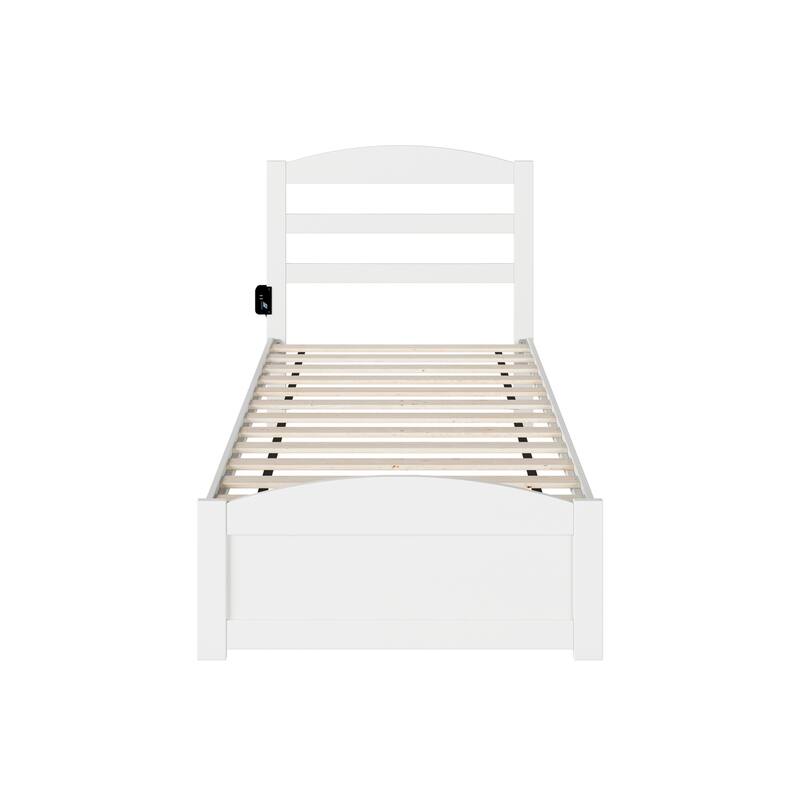 Twin Bed with Footboard - White Finish Platform Bed, Solid Wood Frame, Modern Design, Slatted Headboard, 76" x 38"