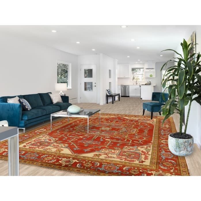 Medallion Heriz Serapi Area Rug Handmade Orange Wool Carpet - 8'11" x 11'10"