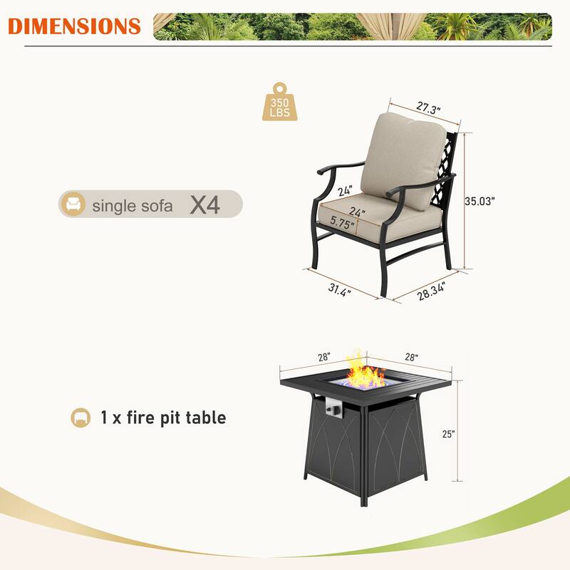 MAISON ARTS 5-Piece Patio Conversation Set with 28'' Gas Fire Pit Table