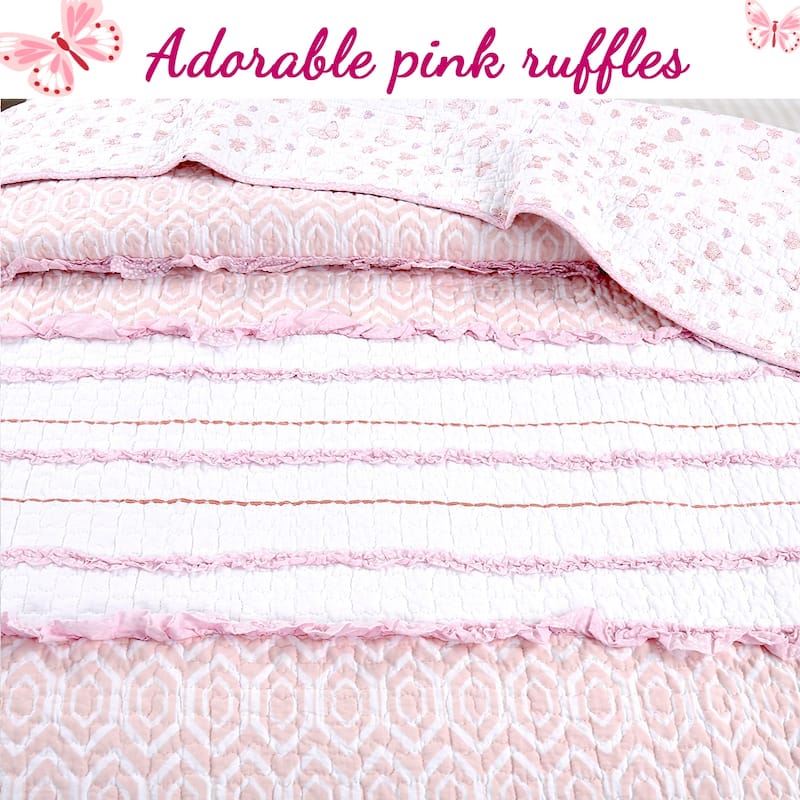 Cozy Line Pretty in Pink Girly Ruffle Pink Cotton Quilt Bedding Set with 2 Throw Pillows