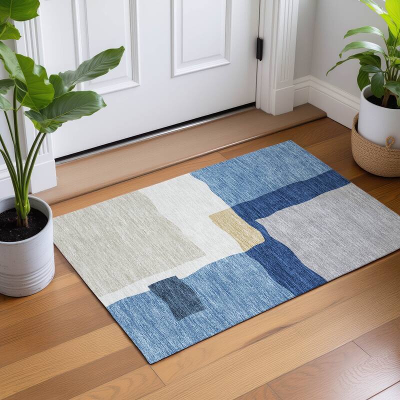 Machine Washable Indoor/ Outdoor Contemporary Blox Chantille Rug