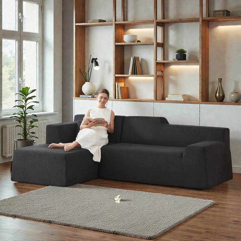 Modern Minimalist L Shaped Corduroy Sofa, High Back Sectional Couch for Living Room
