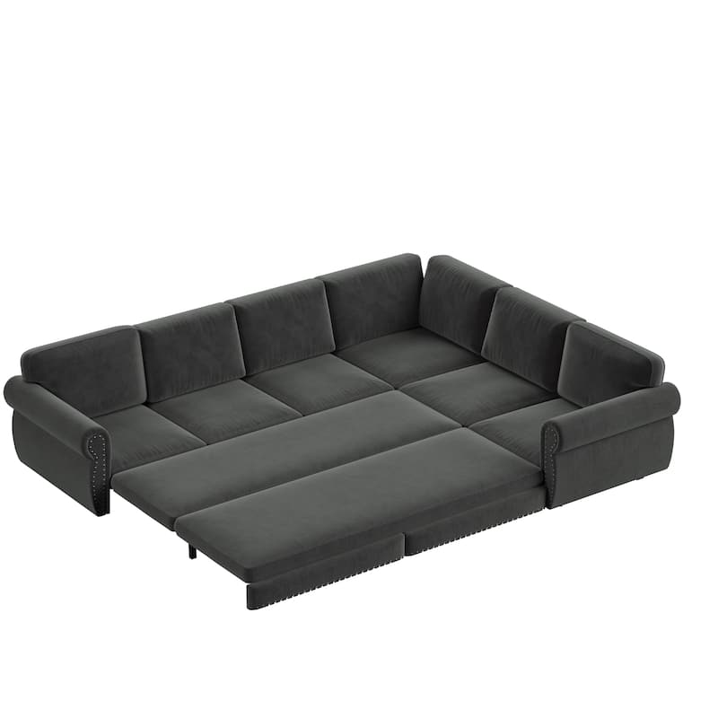 118" L-Shaped Sofa Couch with Pull-Out Bed with Nailhead Trim & Rolled Arm - 118"L x 86.6"W x 36.3"H