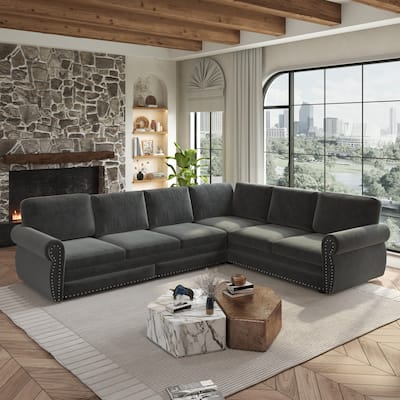 118" L-Shaped Sofa Couch with Pull-Out Bed with Nailhead Trim & Rolled Arm - 118"L x 86.6"W x 36.3"H