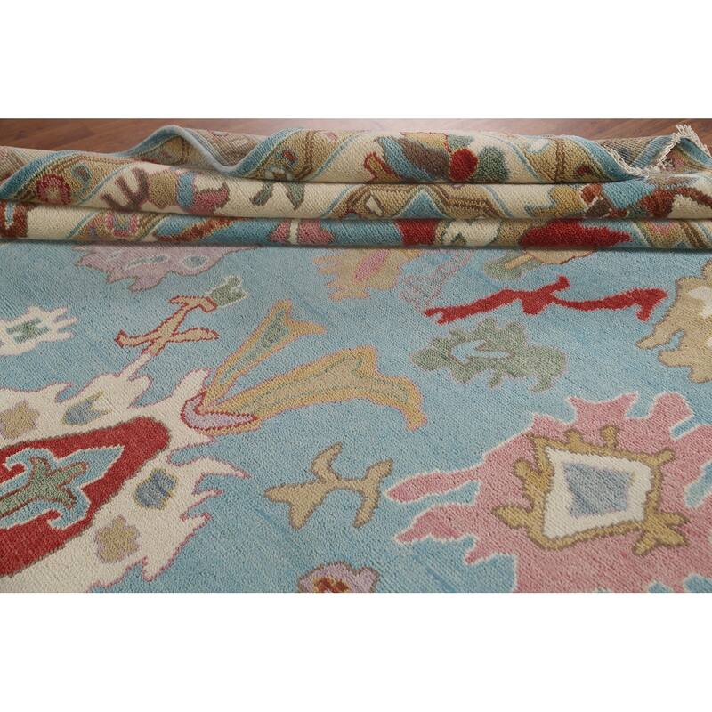 Light Blue Oushak Oriental Area Rug Handmade Floral Wool Carpet - 9'0"x 11'10"