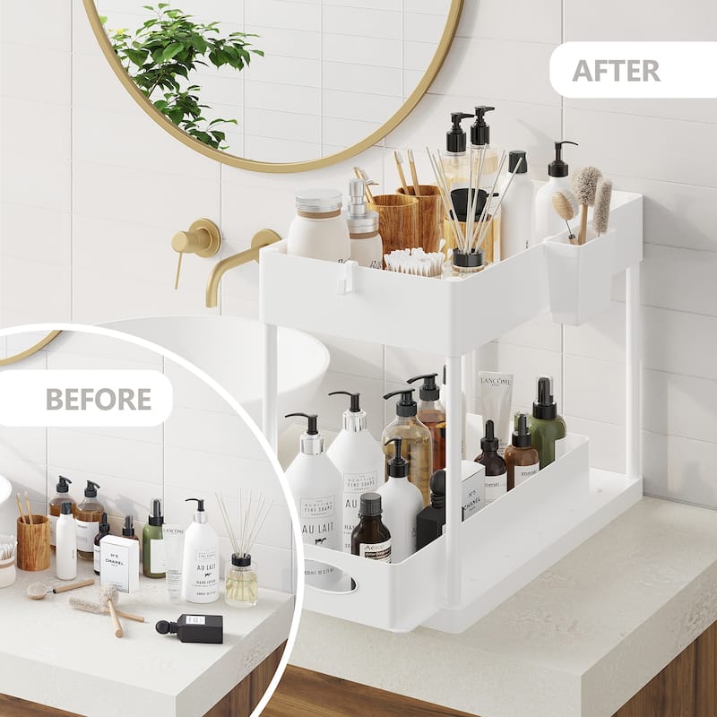 Empyrean 2 Tier Under Kitchen Sink Organizer with Sliding Drawer-Bathroom Cabinet Organizer with Utility Hooks and Side Caddy