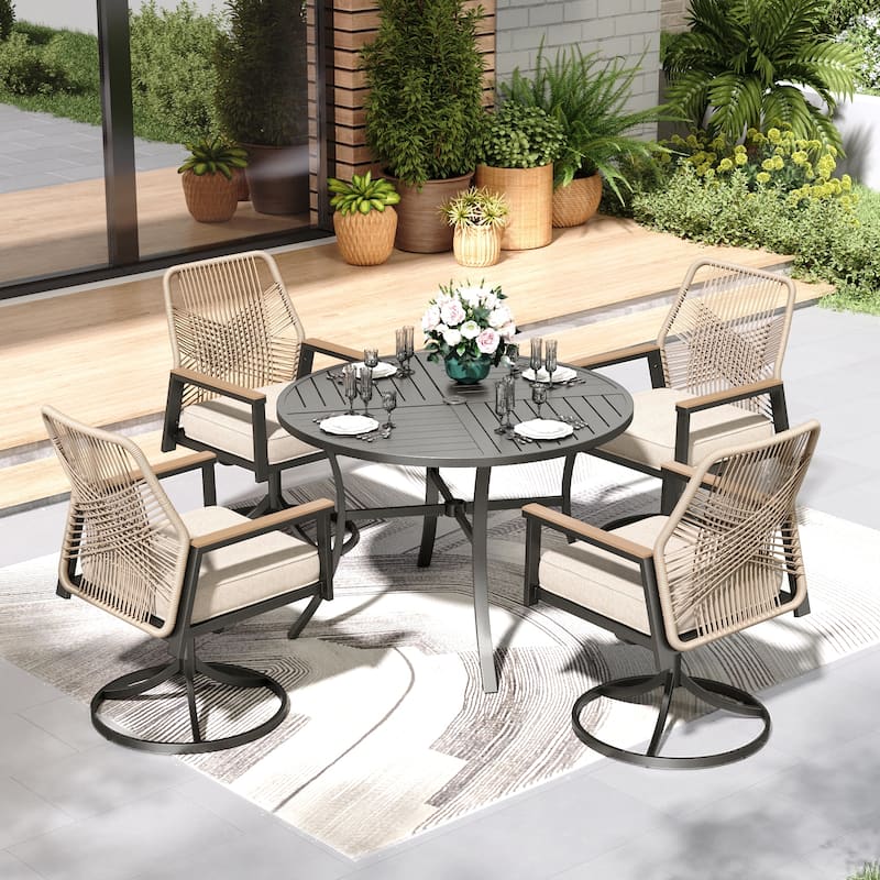 MAISON ARTS 5/7 Pieces Outdoor Dining Set, Round Table and Woven Wicker Dining Chairs with Cushions - S-Table + 4 Swivel