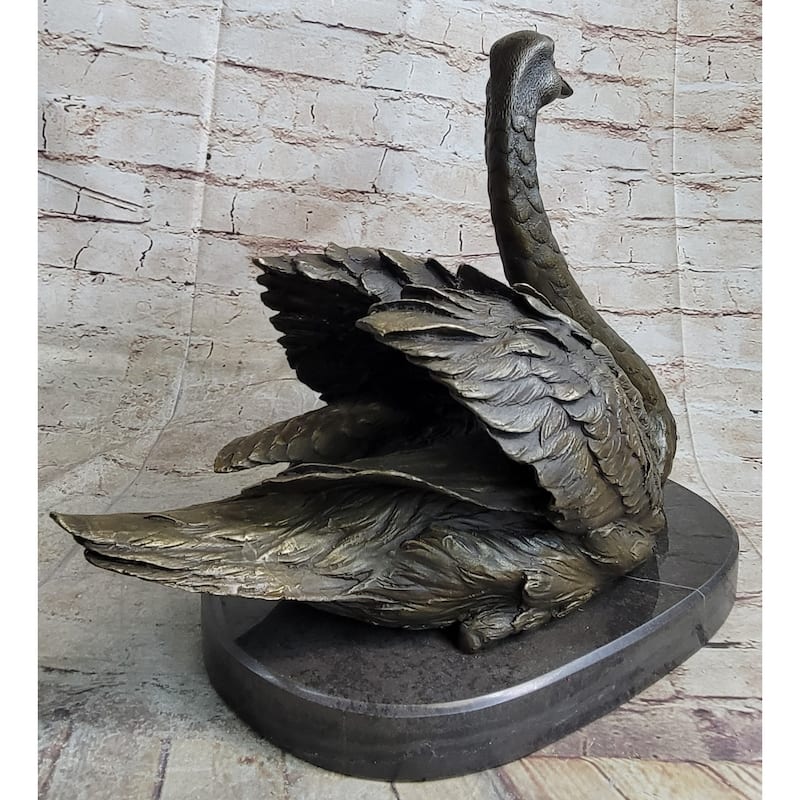 Bronze Metal Swan Bird Sculpture Statue Figure Decor On Marble Base Signed Original