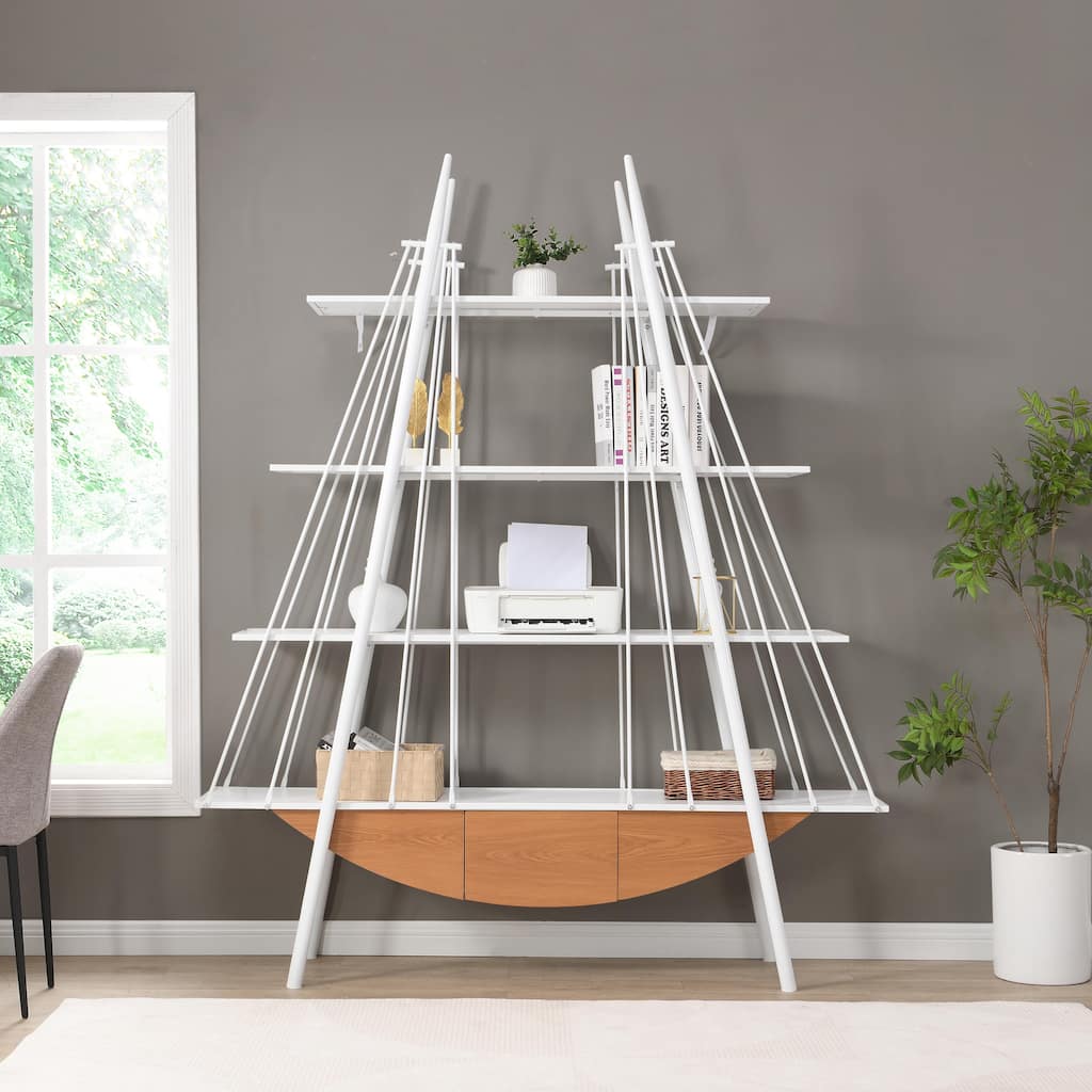 Sailboat-Inspired Bookshelf, 70.87 inch Industrial 4-Tier Open Storage Shelf with Drawer, Wooden & Metal Freestanding Bookcase