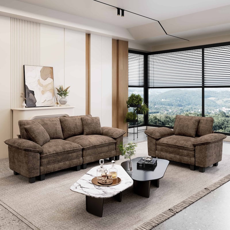 MAISON ARTS 2-Piece Chenille & Corduroy Sofa Set, Comfy 3/4/5-Seater Modular Loveseat & Armchair with Throw Pillows - Brown Chenille(3 Pieces) - Left Facing