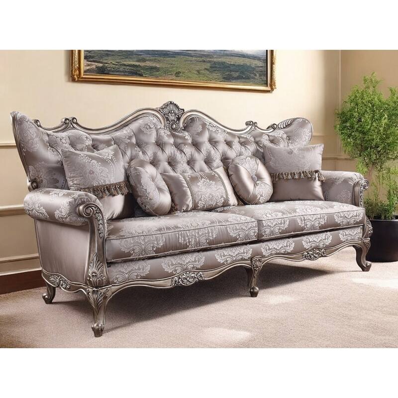 HomeRoots 94" Dark Gray Imitation Silk Damask Sofa And Toss Pillows With Champagne Legs - 94