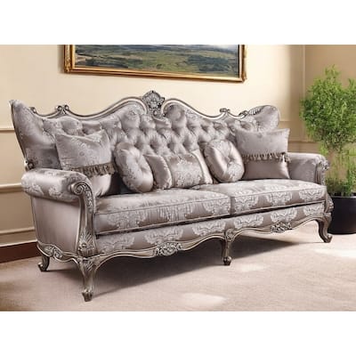 HomeRoots 94" Dark Gray Imitation Silk Damask Sofa And Toss Pillows With Champagne Legs - 94