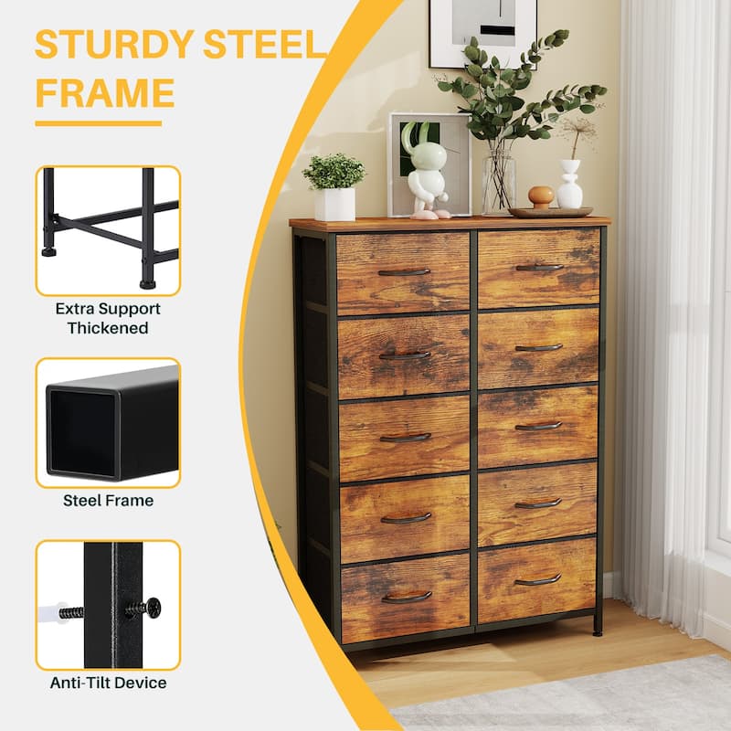 Dresser for Bedroom, 10 Storage Drawers, Anti-Tip Tall Fabric Closet Chests Organizer Tower Furniture Wooden Top Metal Frame