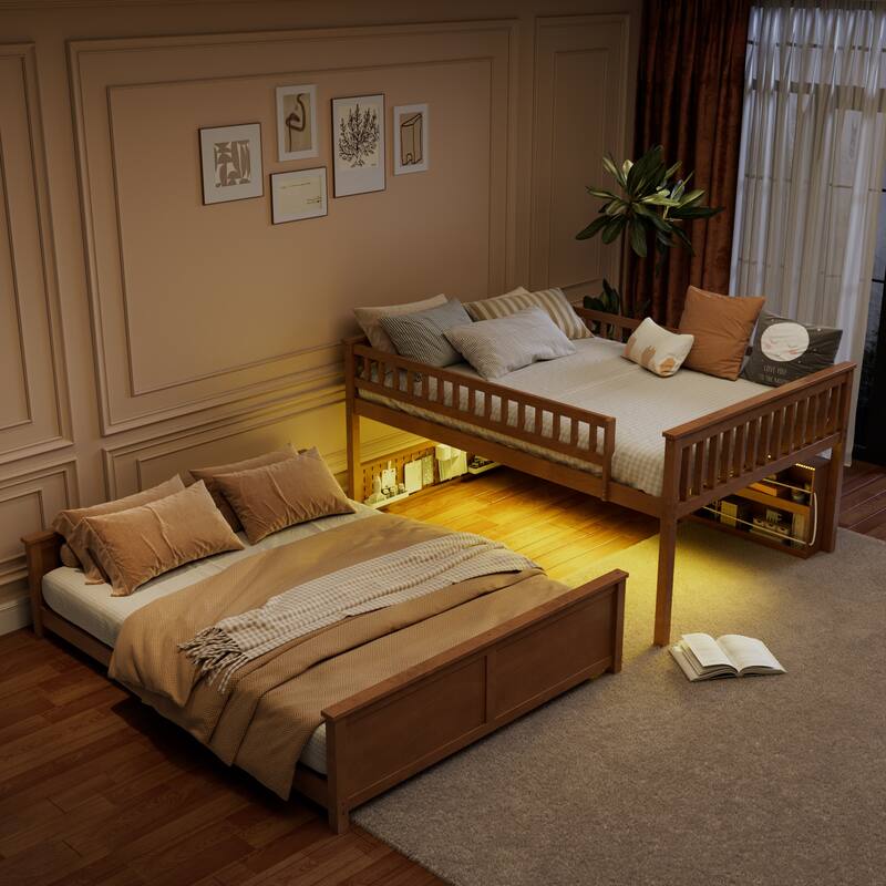 Kids Bunk Bed Frame with Integrated Shelving, Light Strip and Pegboard, Convertible into Floor Platform Bed and Low Loft Bed