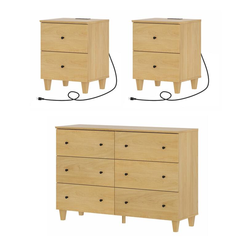 WAMPAT 6-Drawer Dresser and Nightstands Set of 3 for Bedroom - Oak - 3 Piece