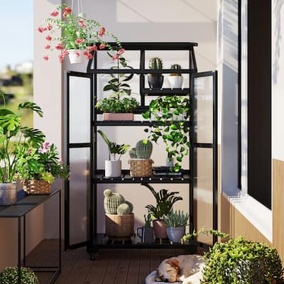Roomfitters 62" Wood Greenhouse Cold Frame with Wheels and Adjustable Shelves for Indoor Outdoor Use