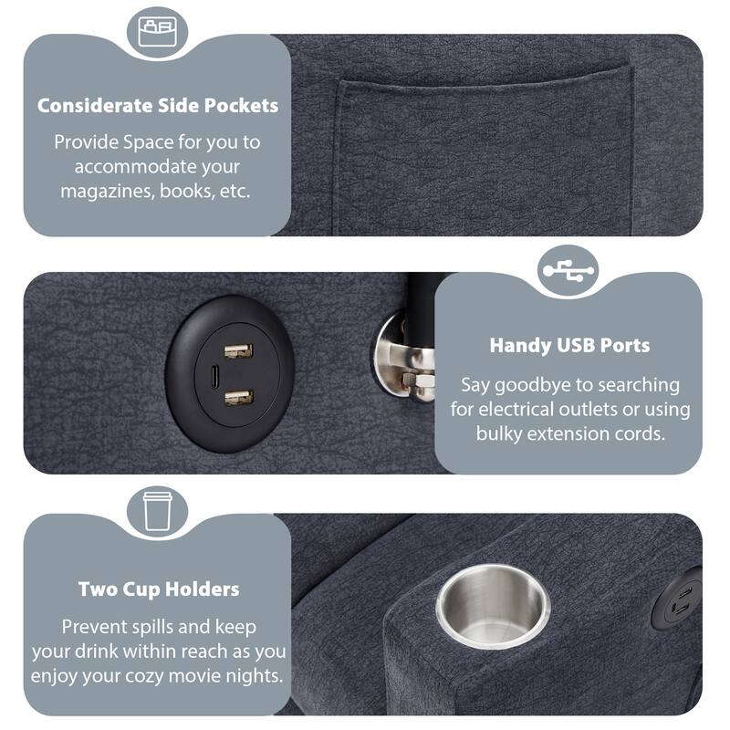 Modern Convertible Sofa Bed with 3 USB Ports, 2 Side Pockets, 2 Cup Holders and Phone Holder for Living Room and Apartment