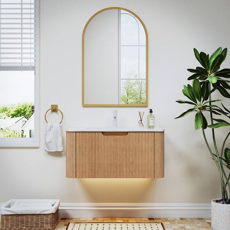 Bathroom Vanity with Top Sink Freestanding Vanity Set with Mirror - Walnut