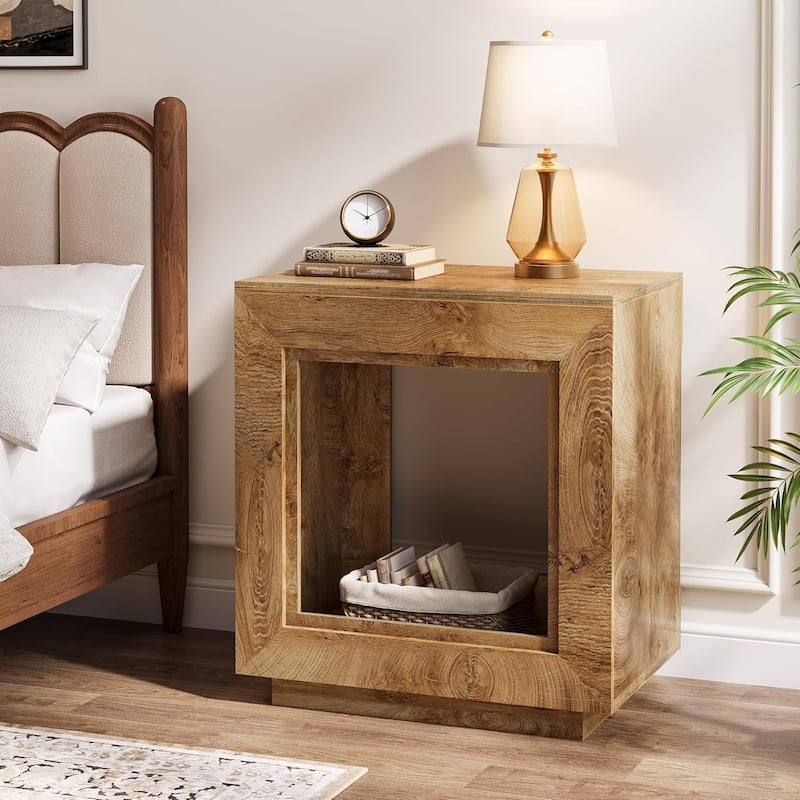 24" Rustic 2-Tier End Table, Side Table with Storage Shelf, Sofa Nightstand for Living Room, Bedroom, Entryway