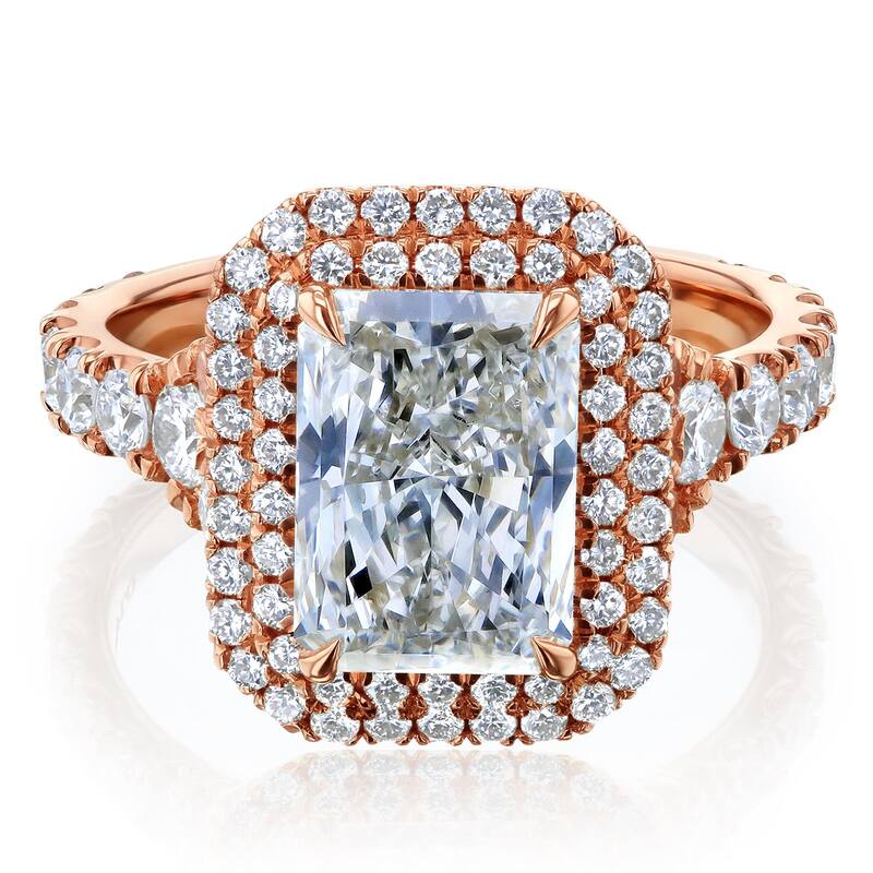 Kobelli 4.5 Carats Radiant Lab Grown Diamond Certified 14k Solid Gold Double Halo Cathedral Seoul Ring - Rose - 4.5