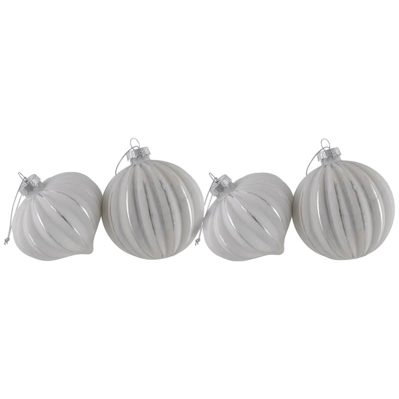 Striped Ball and Onion Glass Christmas Ornaments - 3" (80mm) - White and Silver - 4ct