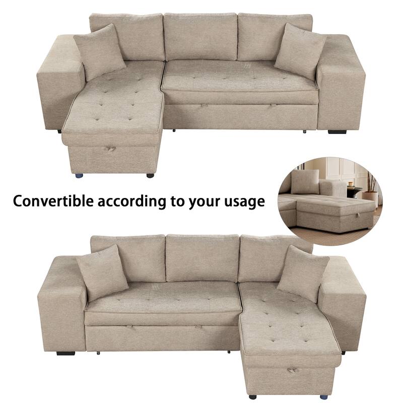 Convertible Sleeper Sectional Sofa, Reversible Sofa with Pull-Out Bed, Storage Chaise & 2 Stools, Linen Upholstered 4 Seat Sofa