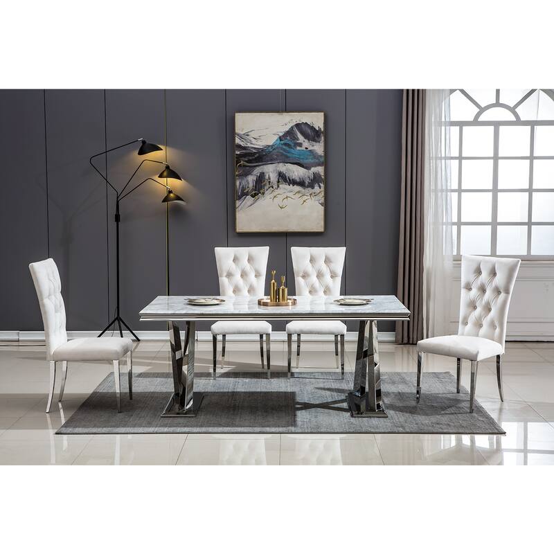 Velvet Tufted Upholstered Dining Room Chairs in Buttons Tufted High Back and Mirror Stainless Steel Legs