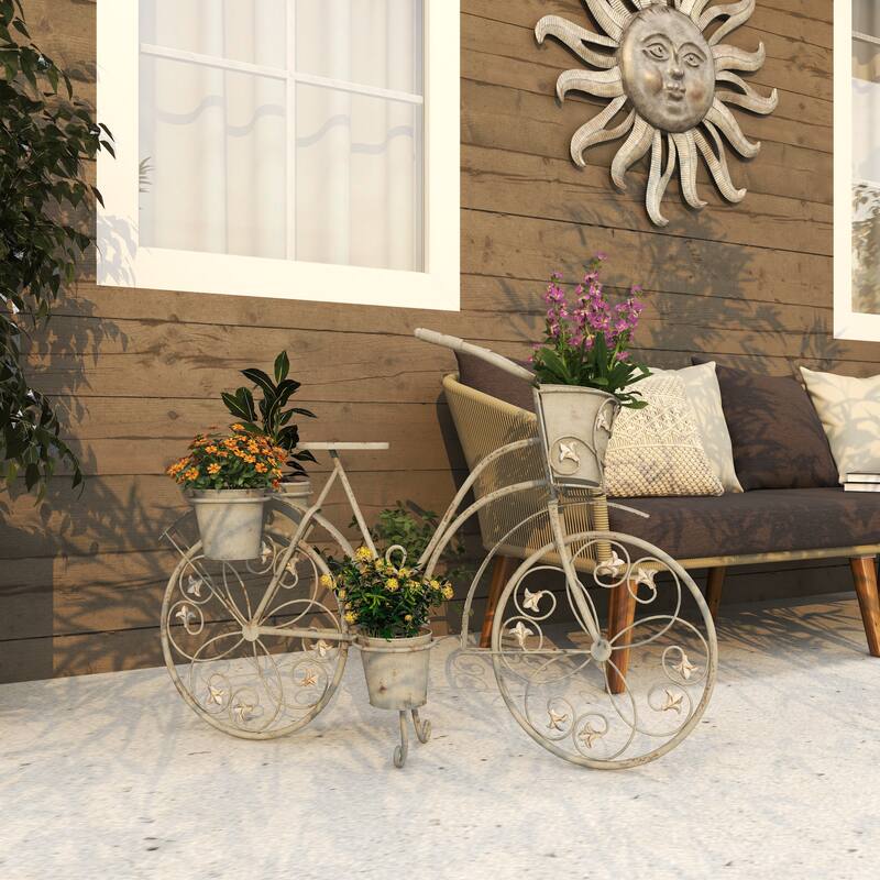 Gray Metal Distressed Indoor Outdoor Scroll 3 Tier Bike Indoor Outdoor Plantstand with Fleur De Lis Wheels