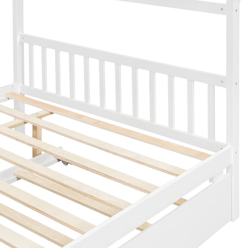 Full Size Wooden House Bed with Twin Trundle in White, Gray, Natural, Walnut