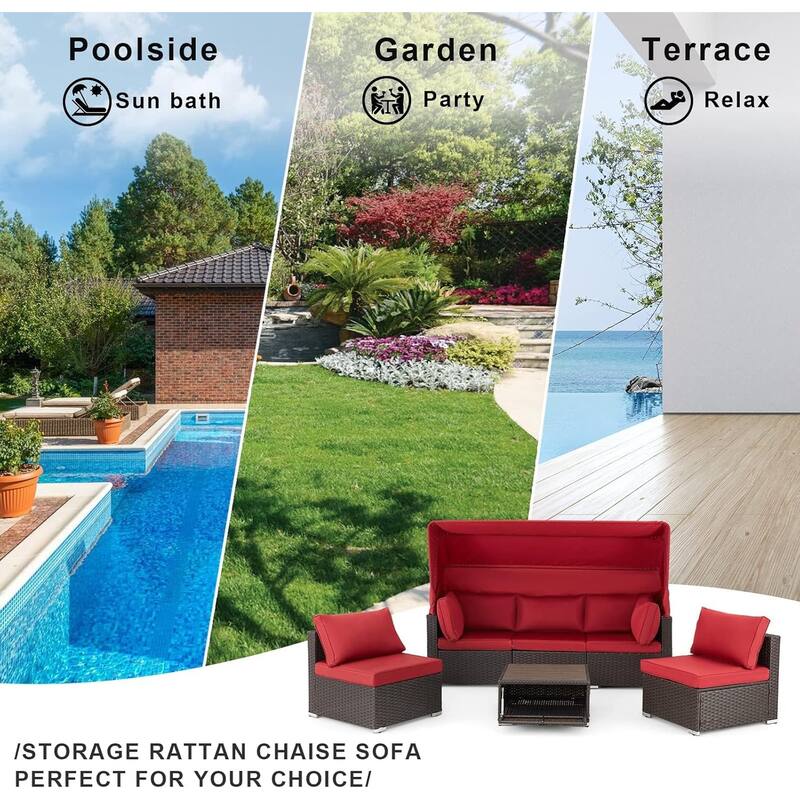 Erommy 6-Piece Patio Set - Rattan Daybed with Canopy & Adjustable Backrest