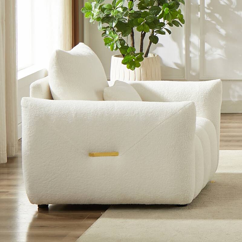Modern Teddy Fabric Lounge Chair Sofa, Cozy Sleeper Couch with Pillow and Wooden Armrests