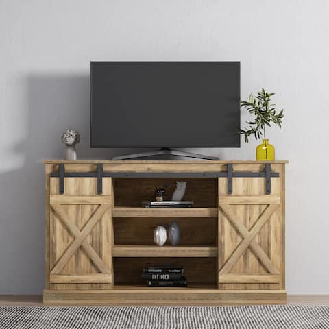 Farmhouse Sliding Barn Door TV Stand for TV up to 65 Inch Flat Screen Media Console Table Storage Cabinet Wood Oak