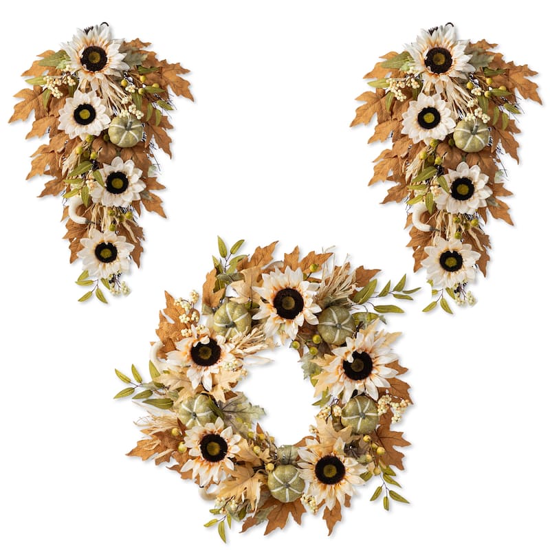 Glitzhome Fall Sunflower Pumpkin Floral Aritificial Garland or Swag Wreath with Free Hanger